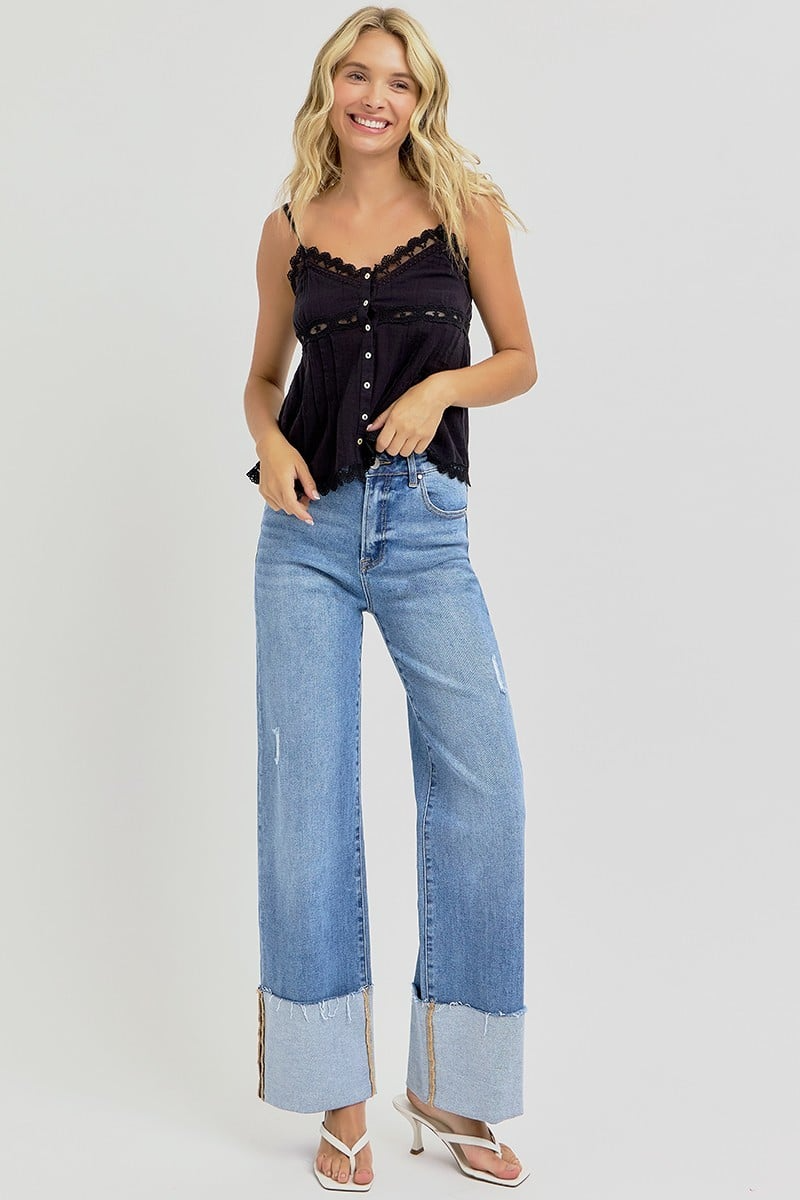 High Rise Wide Leg Wide Cuffed Jeans - Risen - RARA Boutique 