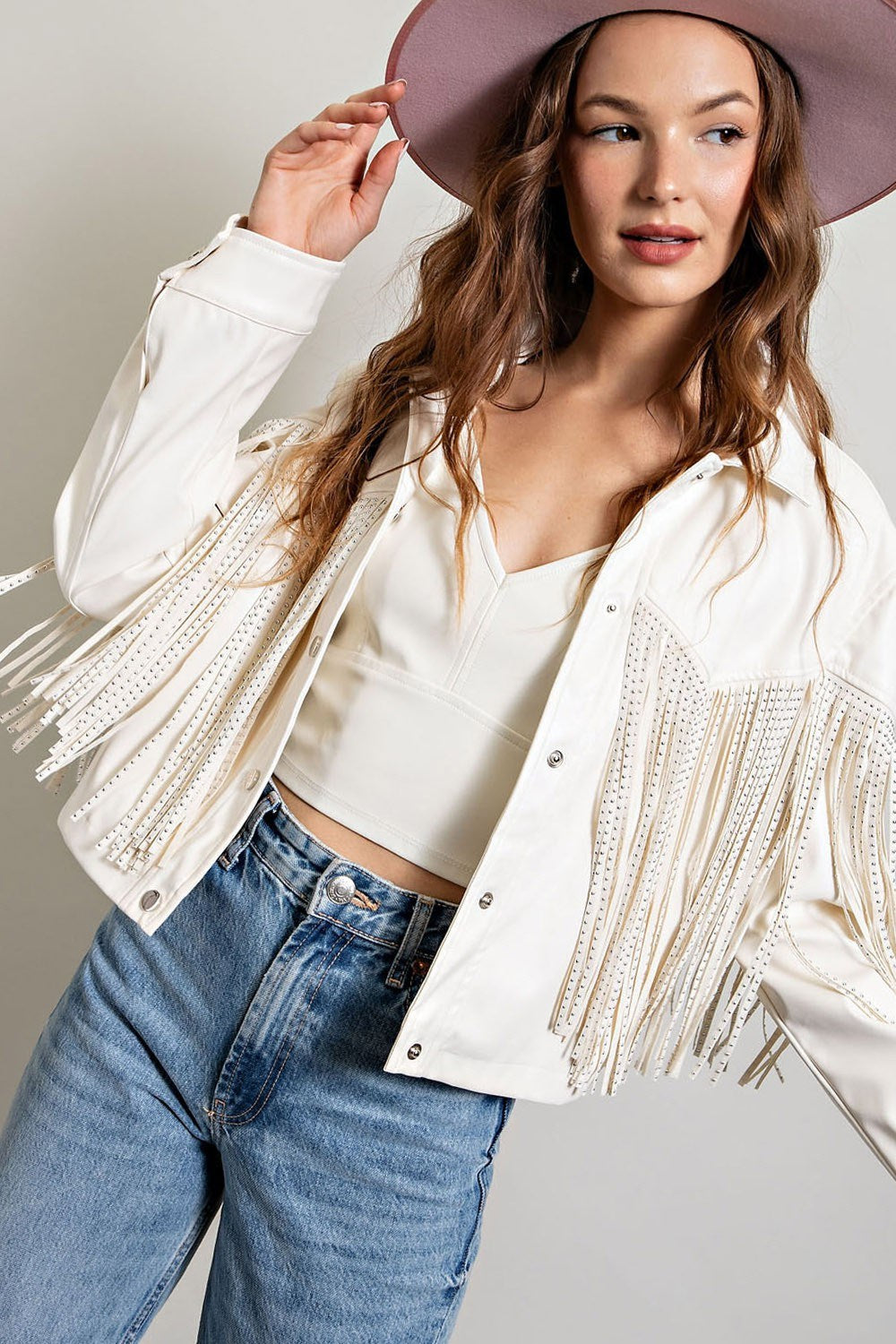 Studded Fringe Faux Leather Moto Jacket - eesome - RARA Boutique 