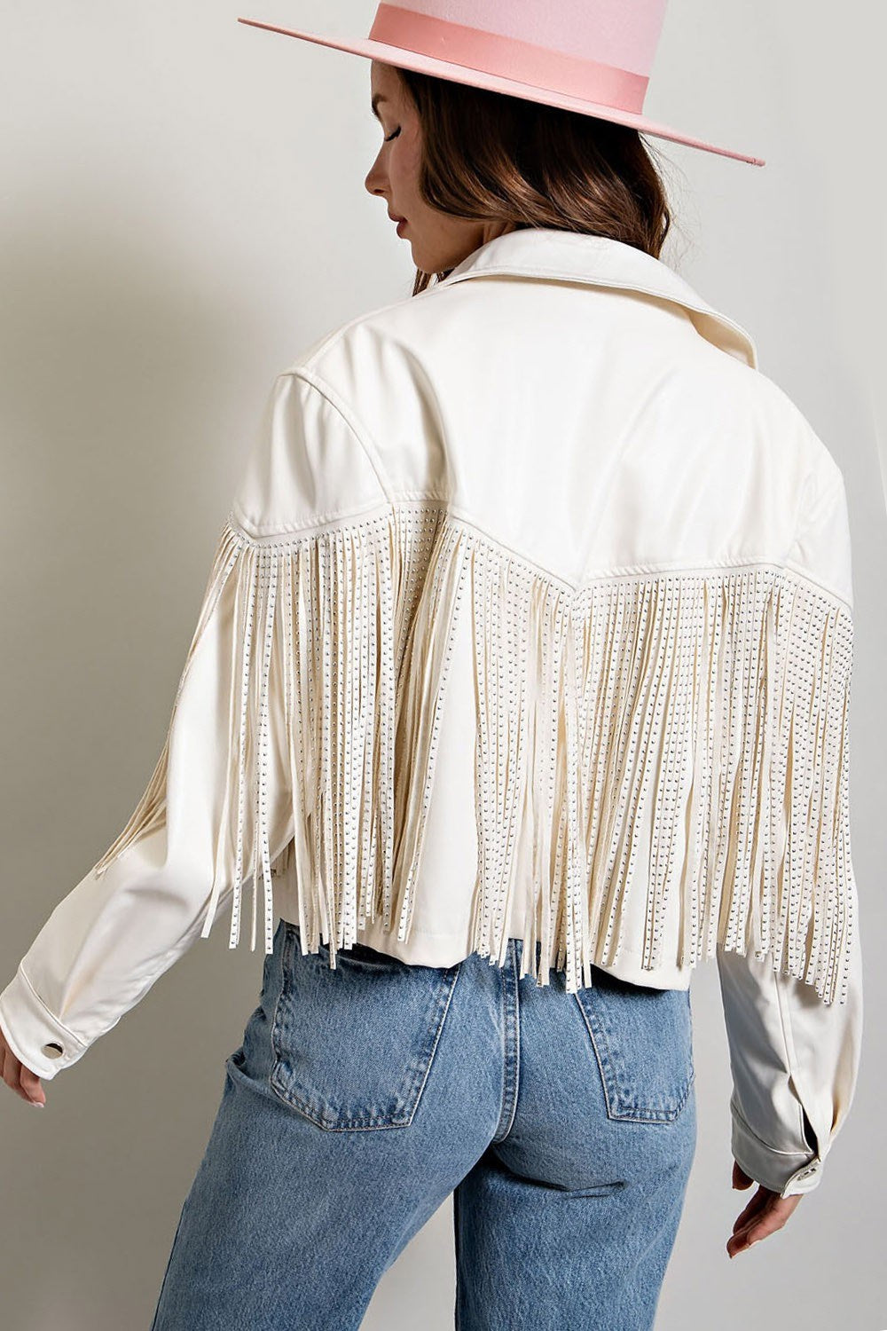 Studded Fringe Faux Leather Moto Jacket - eesome - RARA Boutique 