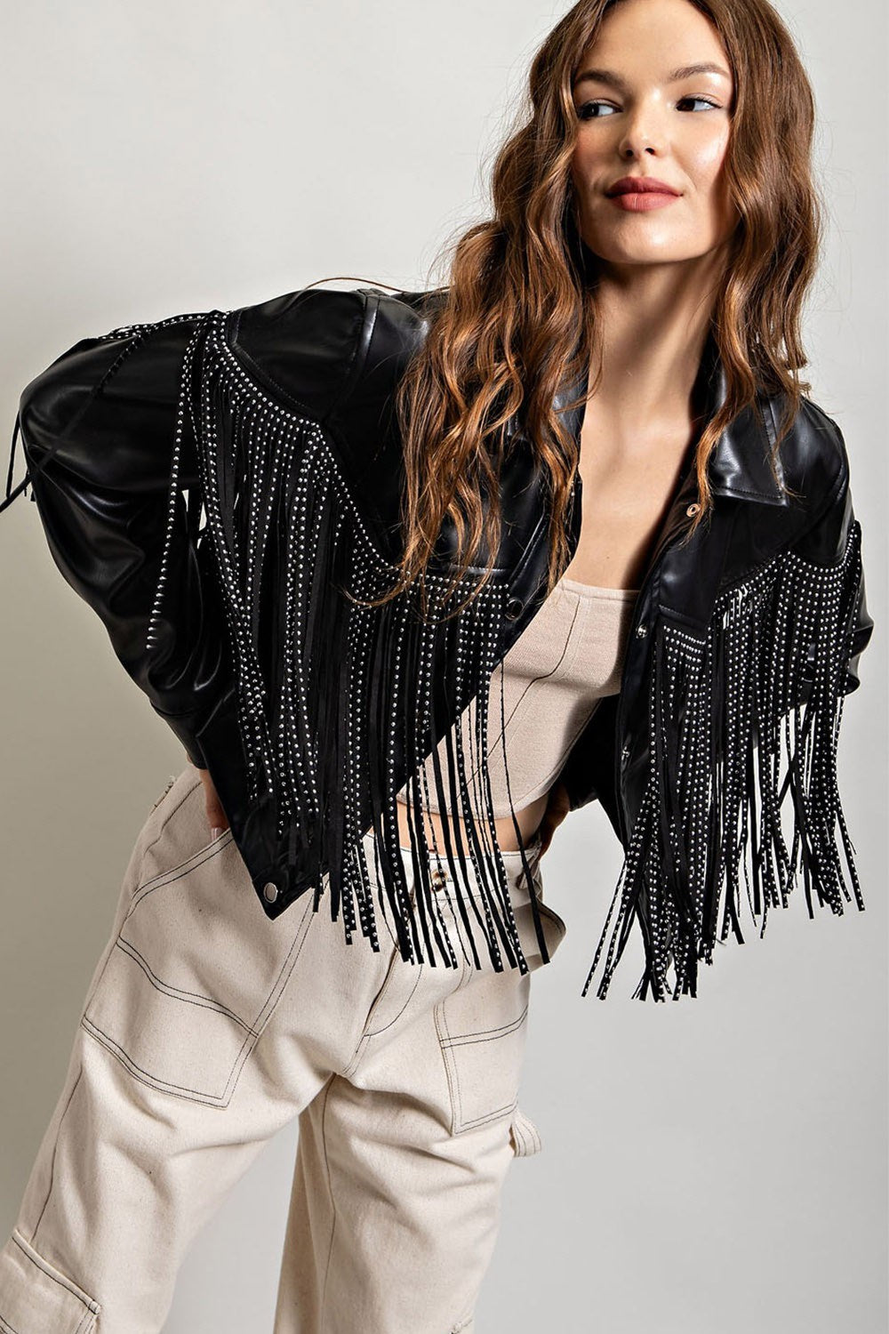 Studded Fringe Faux Leather Moto Jacket - eesome - RARA Boutique 