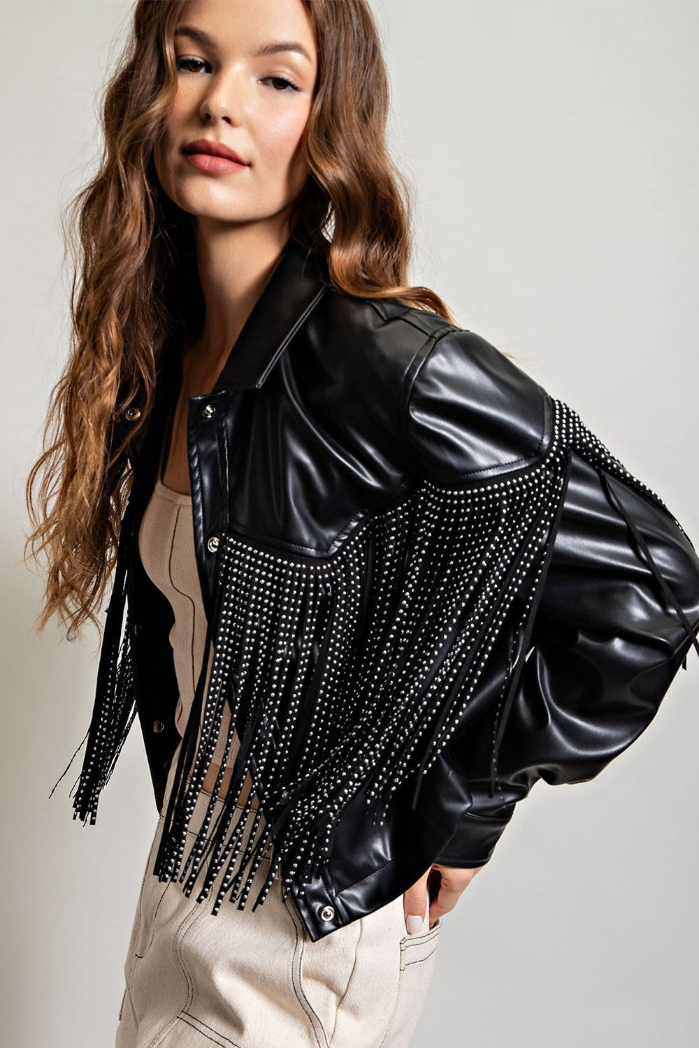 Studded Fringe Faux Leather Moto Jacket - eesome - RARA Boutique 