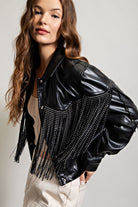 Studded Fringe Faux Leather Moto Jacket - eesome - RARA Boutique 
