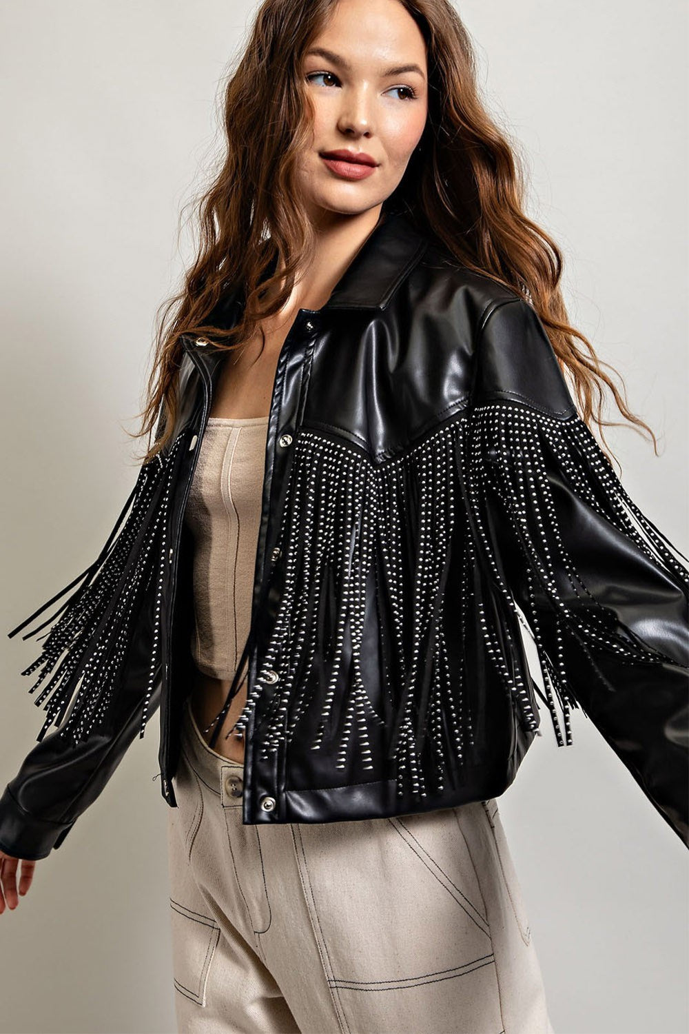 Studded Fringe Faux Leather Moto Jacket - eesome - RARA Boutique 