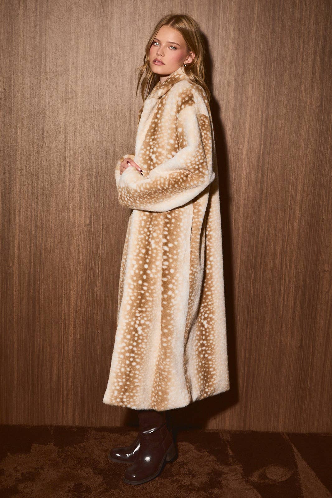 Le Lis deer print longline plush fur coat jacket in brown and cream tones