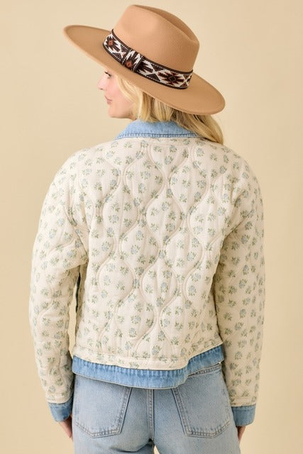 Floral Print Quilted Denim Jacket - Main Strip - RARA Boutique 