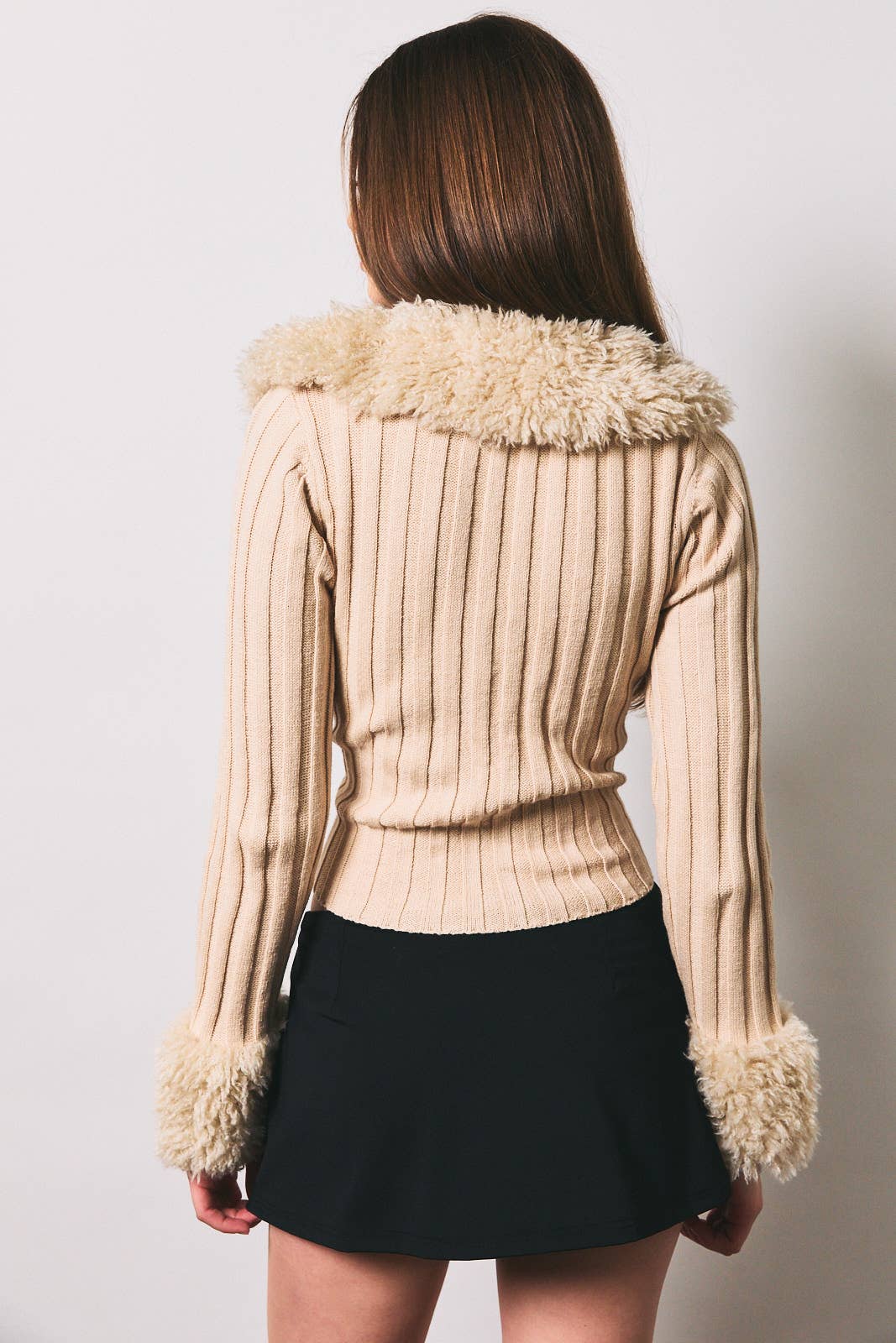 Long sleeve V-neck fur sweater rib jacket by LE LIS, featuring soft fur texture, ribbed design, and a cozy fit.