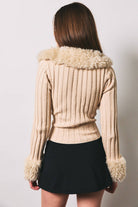 Long sleeve V-neck fur sweater rib jacket by LE LIS, featuring soft fur texture, ribbed design, and a cozy fit.