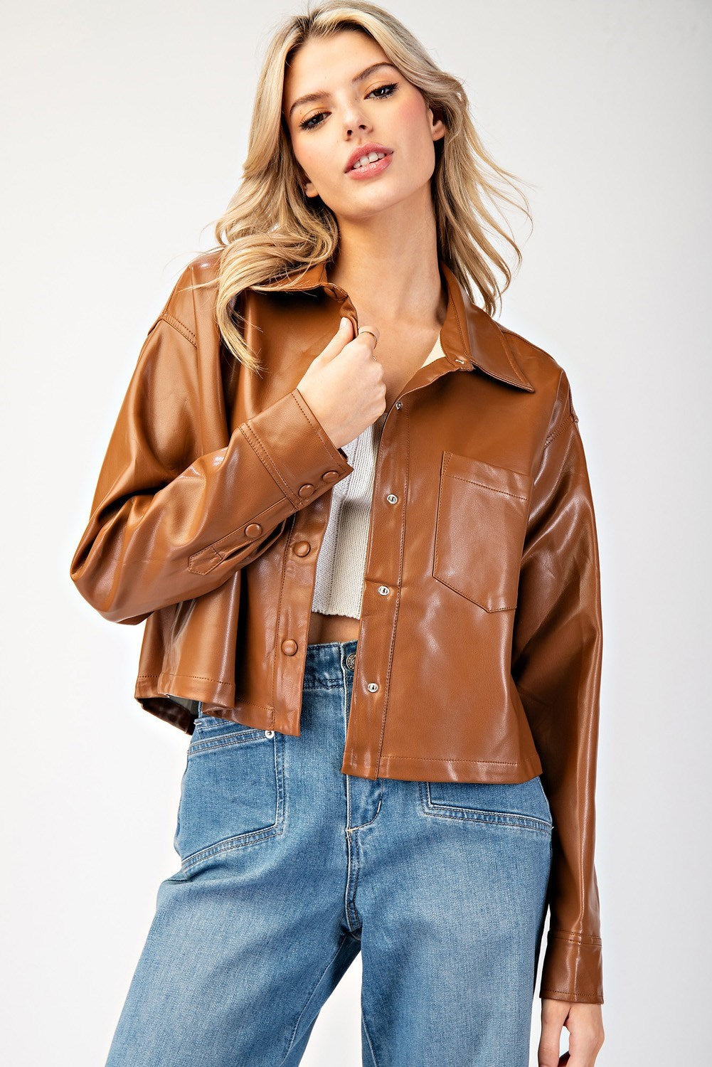 Cropped Faux Leather Collared Jacket - eesome - RARA Boutique 