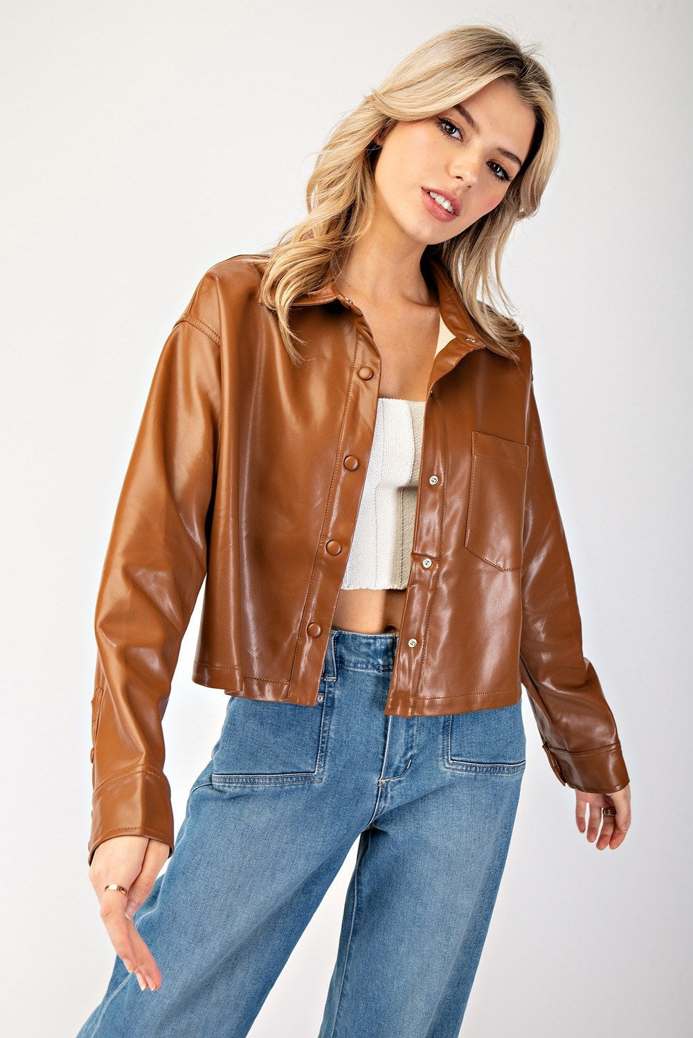 Cropped Faux Leather Collared Jacket - eesome - RARA Boutique 