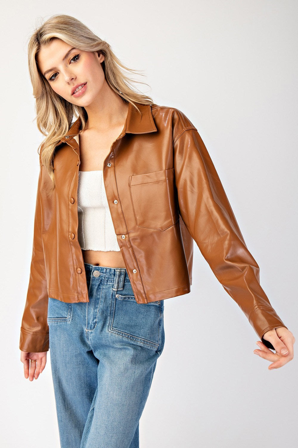 Cropped Faux Leather Collared Jacket - eesome - RARA Boutique 