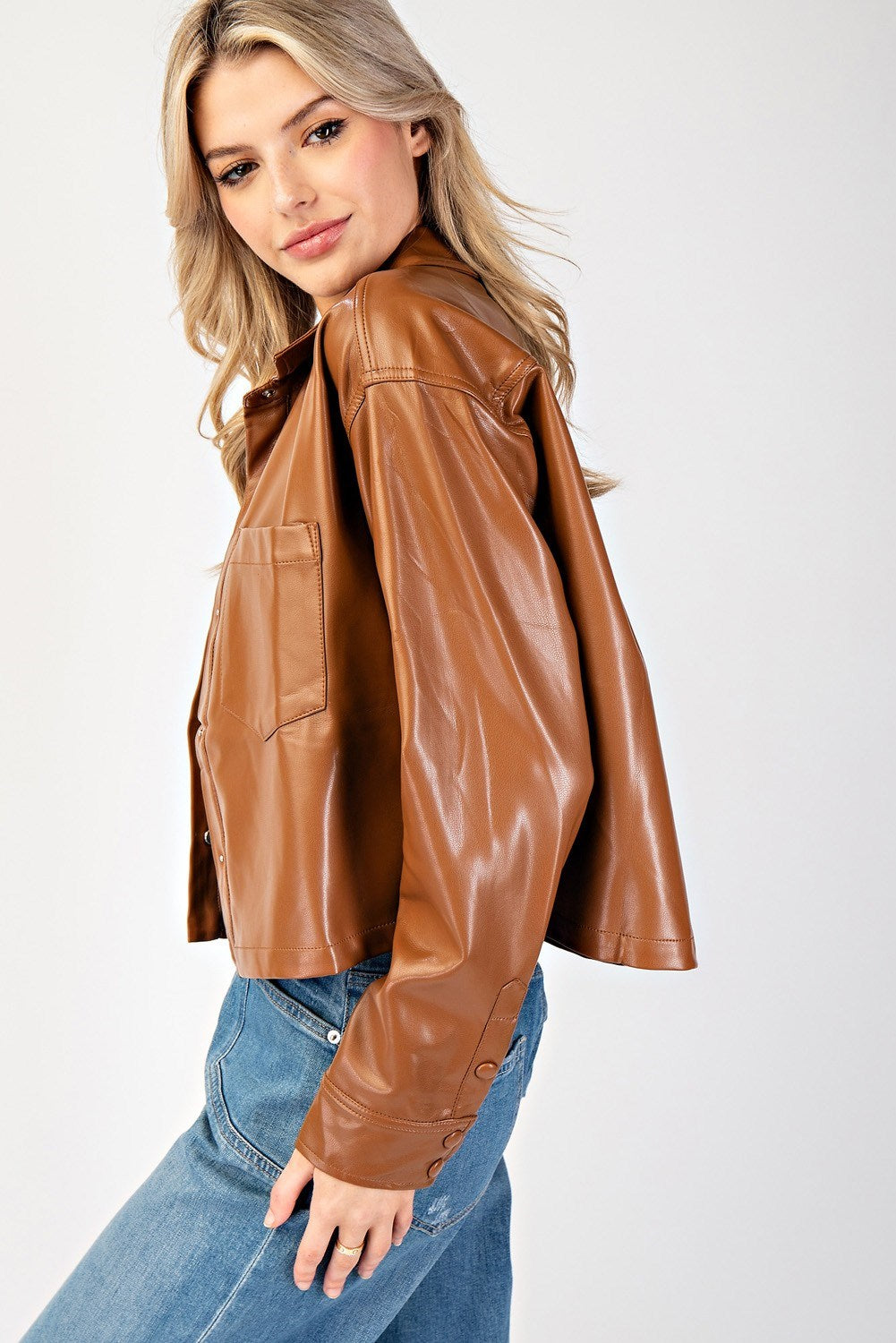 Cropped Faux Leather Collared Jacket - eesome - RARA Boutique 