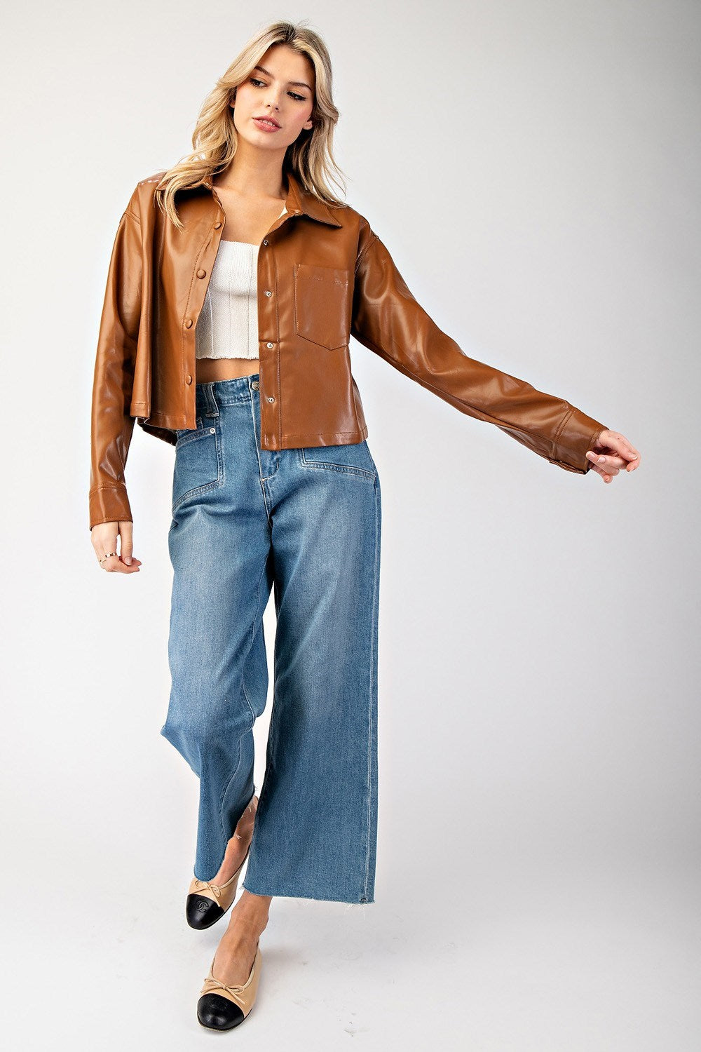 Cropped Faux Leather Collared Jacket - eesome - RARA Boutique 