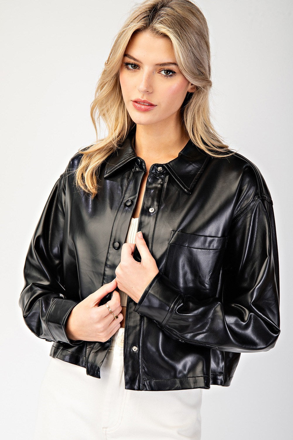 Cropped Faux Leather Collared Jacket - eesome - RARA Boutique 
