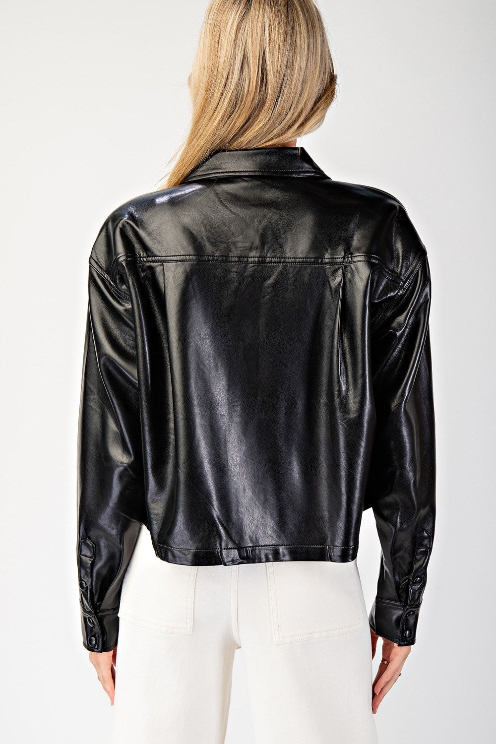 Cropped Faux Leather Collared Jacket - eesome - RARA Boutique 
