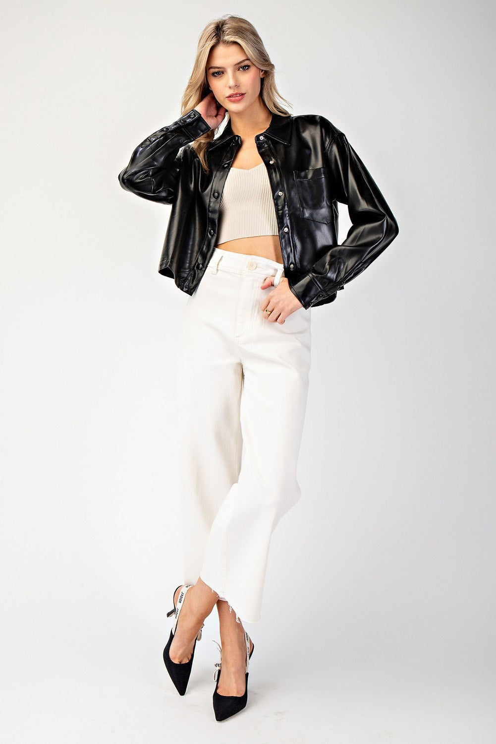 Cropped Faux Leather Collared Jacket - eesome - RARA Boutique 