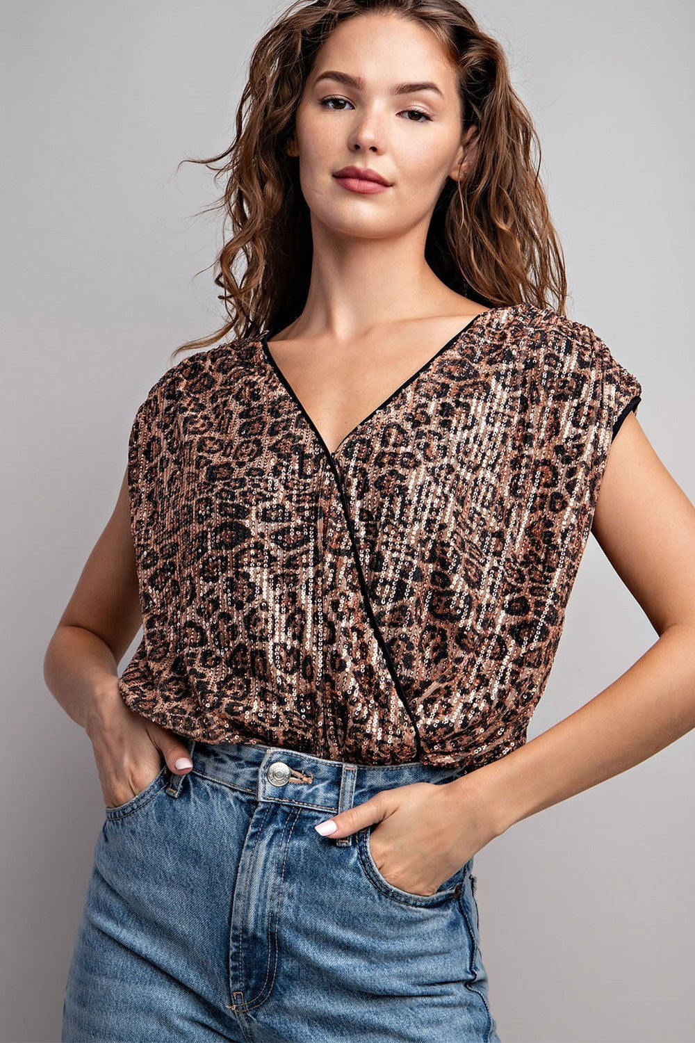 Sequin Leopard Print V-Neck Surplice Bodysuit - eesome - RARA Boutique 