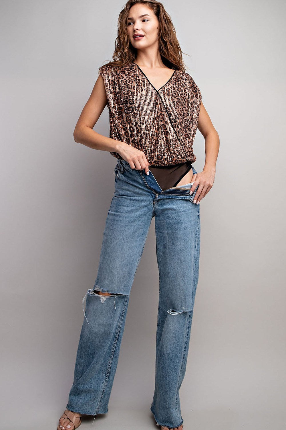 Sequin Leopard Print V-Neck Surplice Bodysuit - eesome - RARA Boutique 