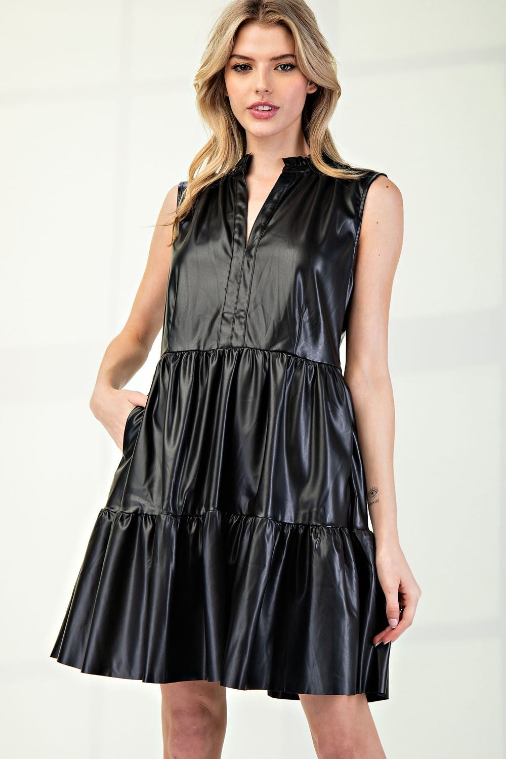 Faux Leather Sleeveless Tiered Mini Dress with Pockets - eesome - RARA Boutique 