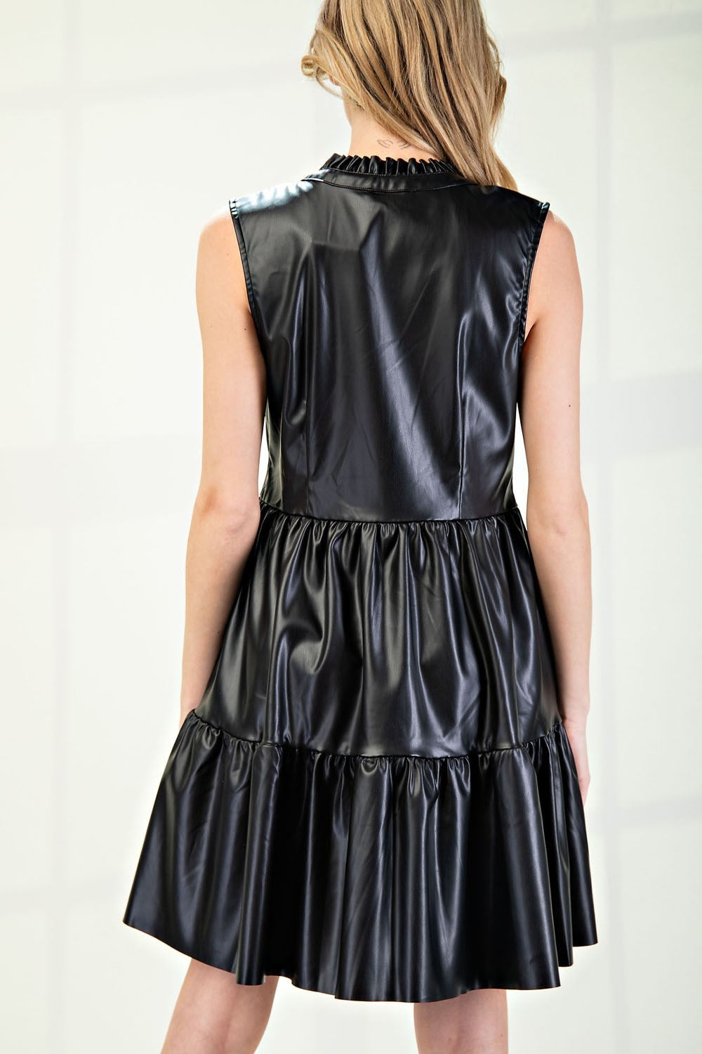 Faux Leather Sleeveless Tiered Mini Dress with Pockets - eesome - RARA Boutique 