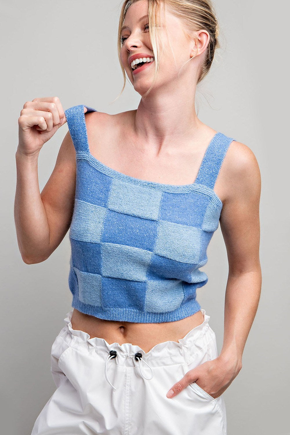 Checker Print Sleeveless Sweater Knit Crop Top - eesome - RARA Boutique 