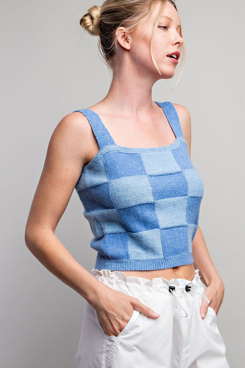 Checker Print Sleeveless Sweater Knit Crop Top - eesome - RARA Boutique 