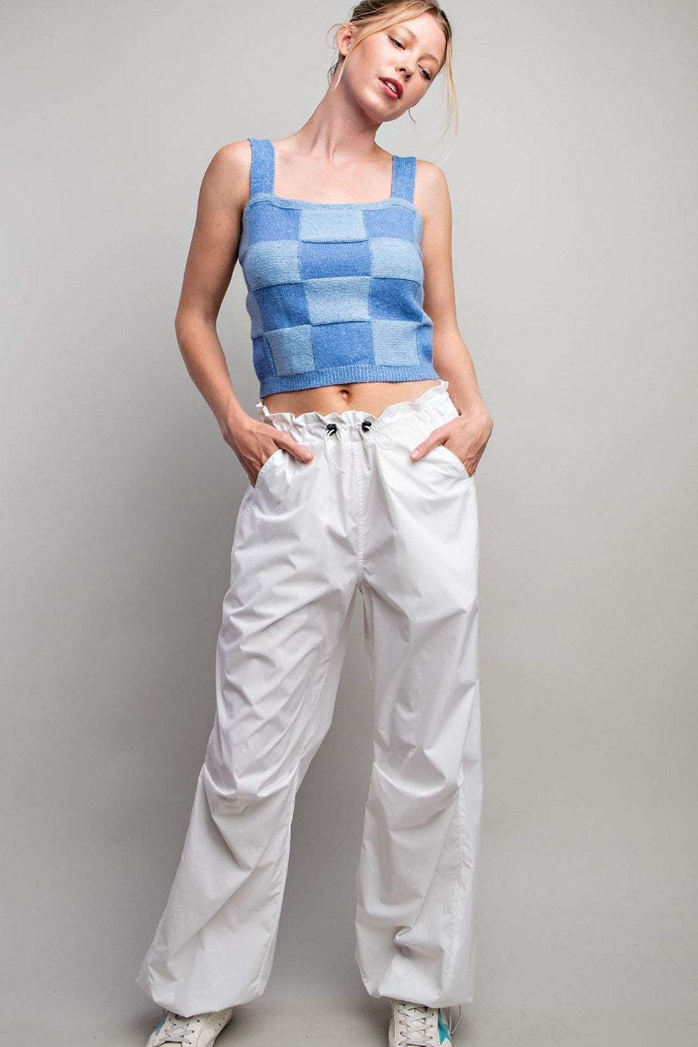 Checker Print Sleeveless Sweater Knit Crop Top - eesome - RARA Boutique 