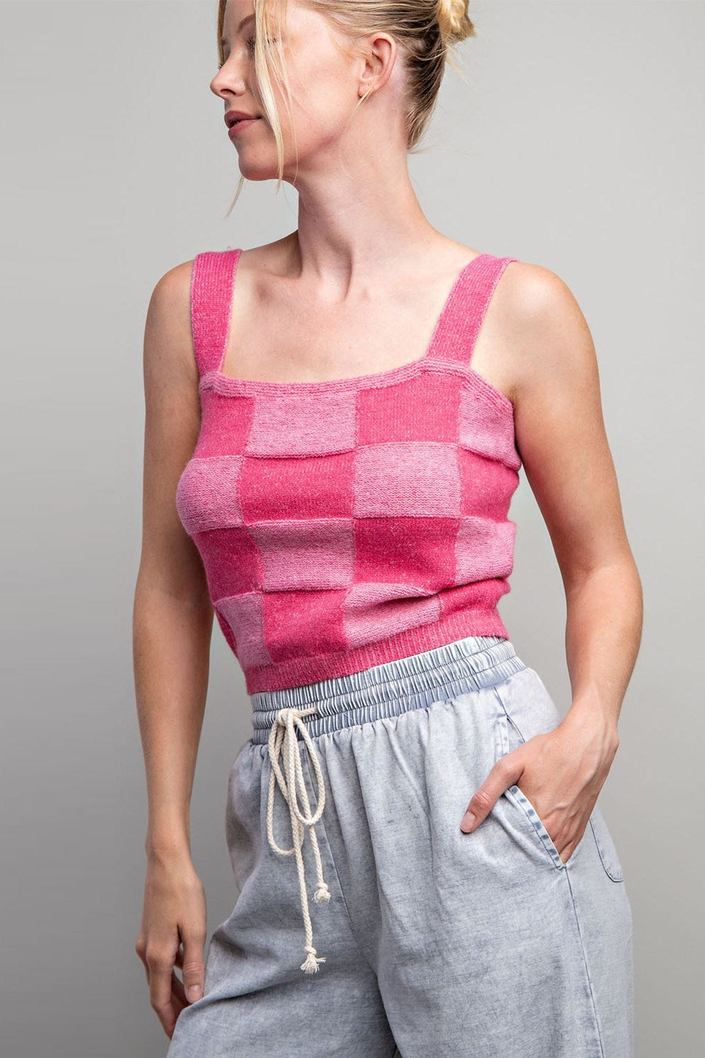 Checker Print Sleeveless Sweater Knit Crop Top - eesome - RARA Boutique 