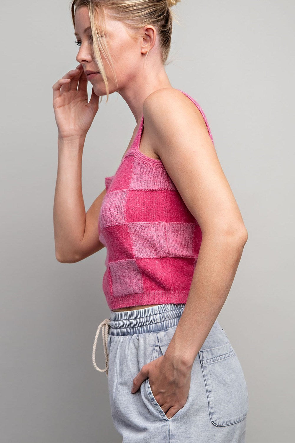 Checker Print Sleeveless Sweater Knit Crop Top - eesome - RARA Boutique 