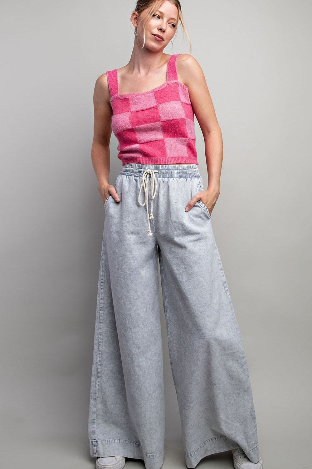 Checker Print Sleeveless Sweater Knit Crop Top - eesome - RARA Boutique 