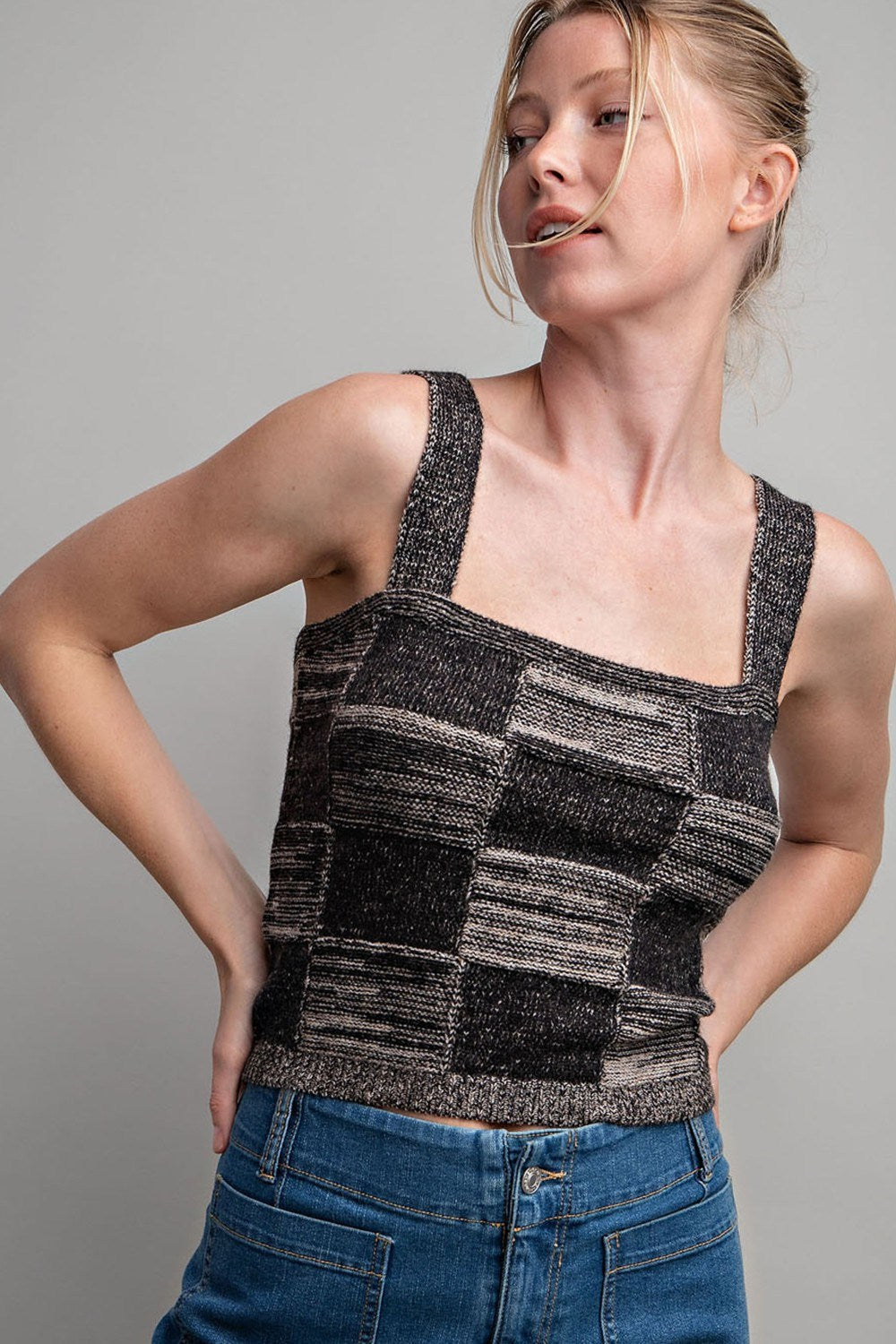 Checker Print Sleeveless Sweater Knit Crop Top - eesome - RARA Boutique 