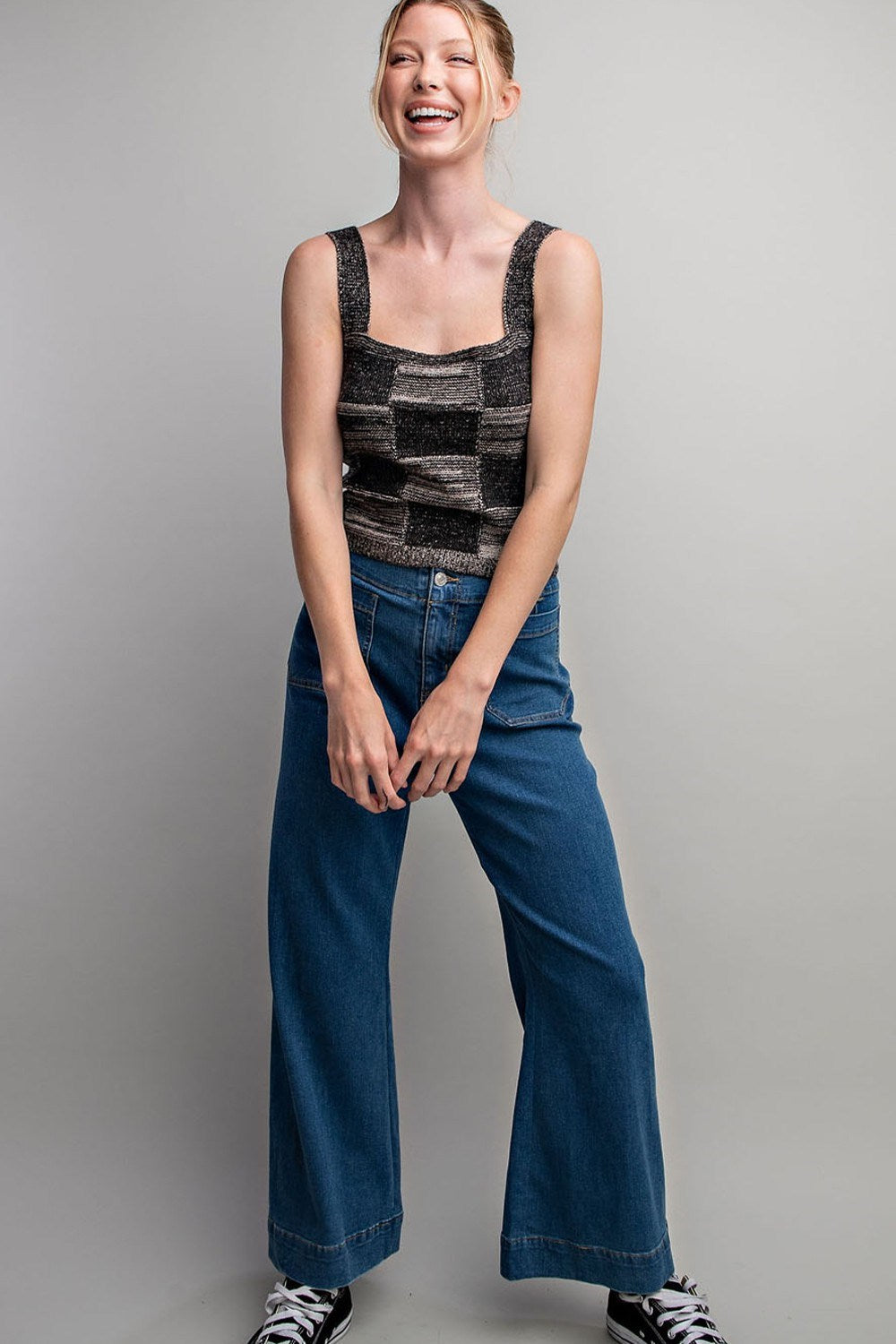 Checker Print Sleeveless Sweater Knit Crop Top - eesome - RARA Boutique 