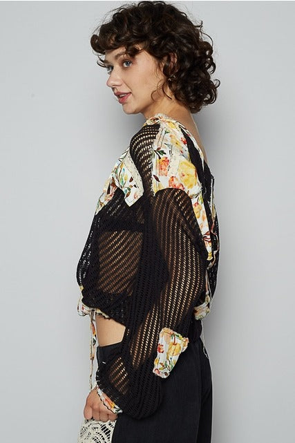 RARA Boutique floral patch open knit crochet hoodie jacket with colorful floral embroidery and lightweight knit fabric.