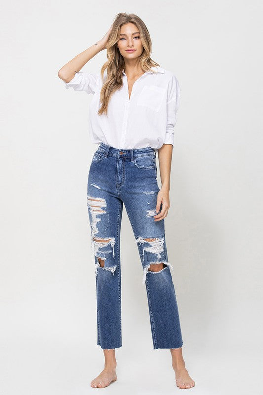 Distressed High Rise Ankle Straight Leg Jeans - Flying Monkey - RARA Boutique 