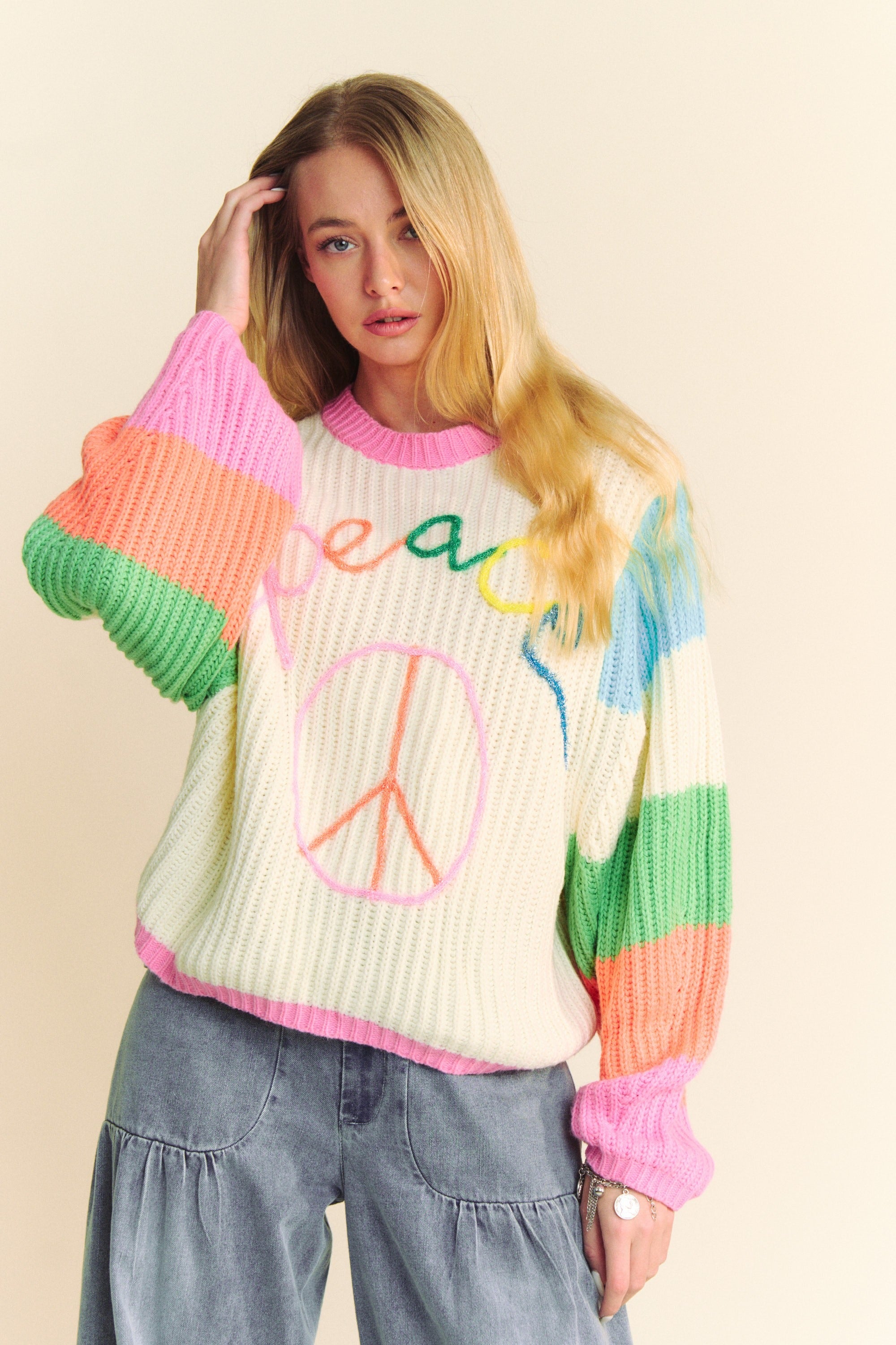 Multicolor Striped Peace Sign Balloon Sleeve Sweater - Davi & Dani - RARA Boutique 