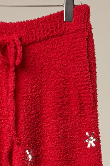 RARA Boutique Christmas Tree plush knit wide-leg lounge pants, cozy and festive for holiday comfort, in soft fabric.