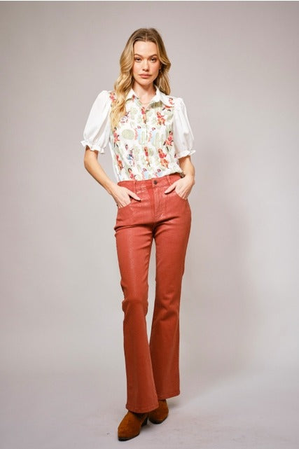 Western Pin Up Girl Cactus Print Lace Collar Blouse - Blue B - RARA Boutique 