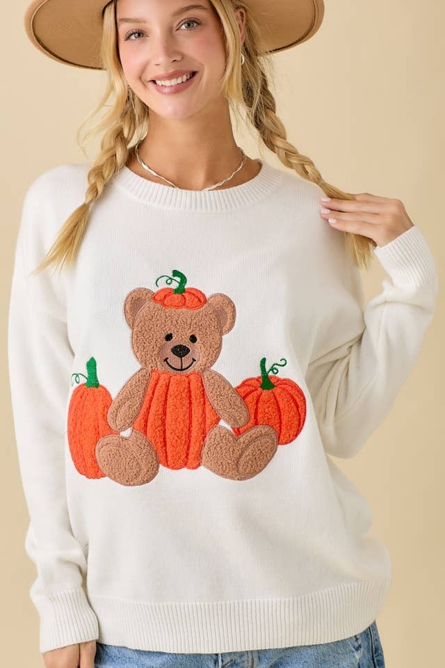 Textured Pumpkin Teddy Bear Embroidered Patchwork Sweater - Main Strip - RARA Boutique 