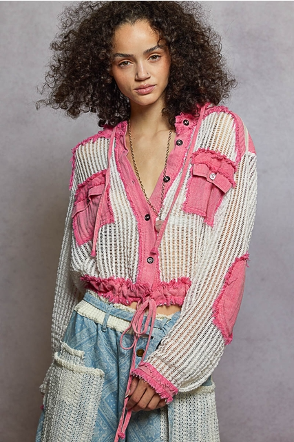 Open Knit Contrast Hooded Shacket with Frayed Edges - POL - RARA Boutique 