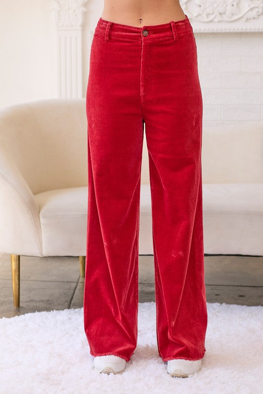 Corduroy Trouser Pants With Embroidered Ribbon Bow Pockets - Main Strip - RARA Boutique 