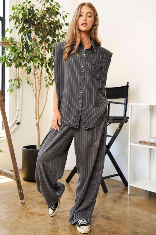 Striped Button Down Shirt and Wide Fit Pants Set - RARA Boutique 