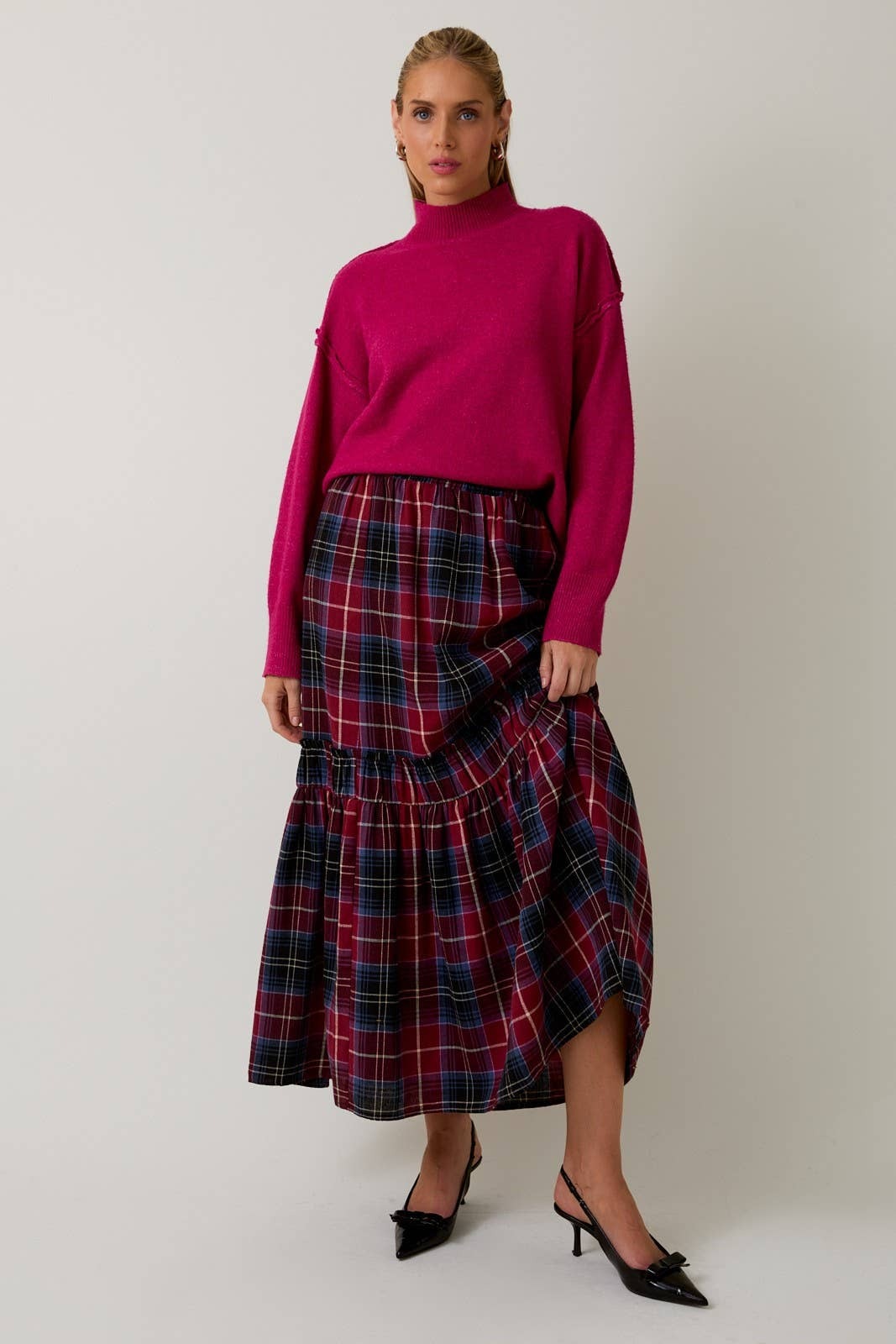 Flowy Plaid Tiered Ruffle Maxi Skirt - Sunday Edition - RARA Boutique 