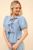 Puff Sleeve Bow Tie Front Denim Cut Out Top - Blue B - RARA Boutique 