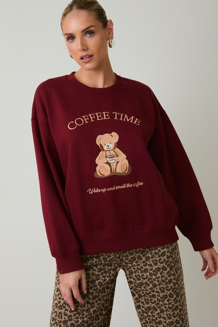 Coffee Time Teddy Bear Embroidered Crewneck Sweatshirt - Sunday Edition - RARA Boutique 