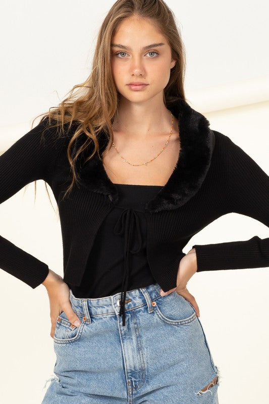 fur Trim Tie Front Ribbed Cardigan- HYFVE - RARA Boutique 