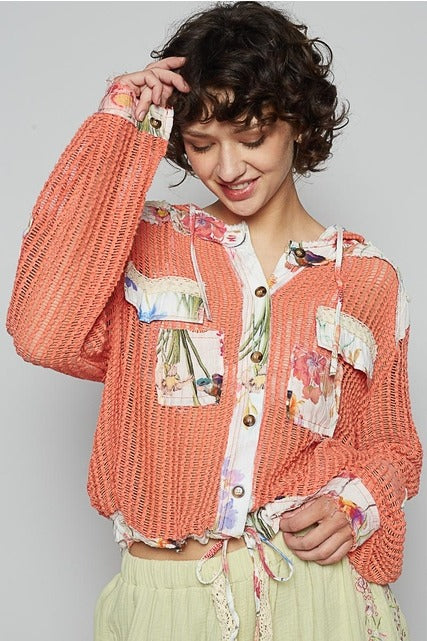 RARA Boutique floral patch open knit crochet hoodie jacket with colorful floral embroidery and lightweight crochet design.