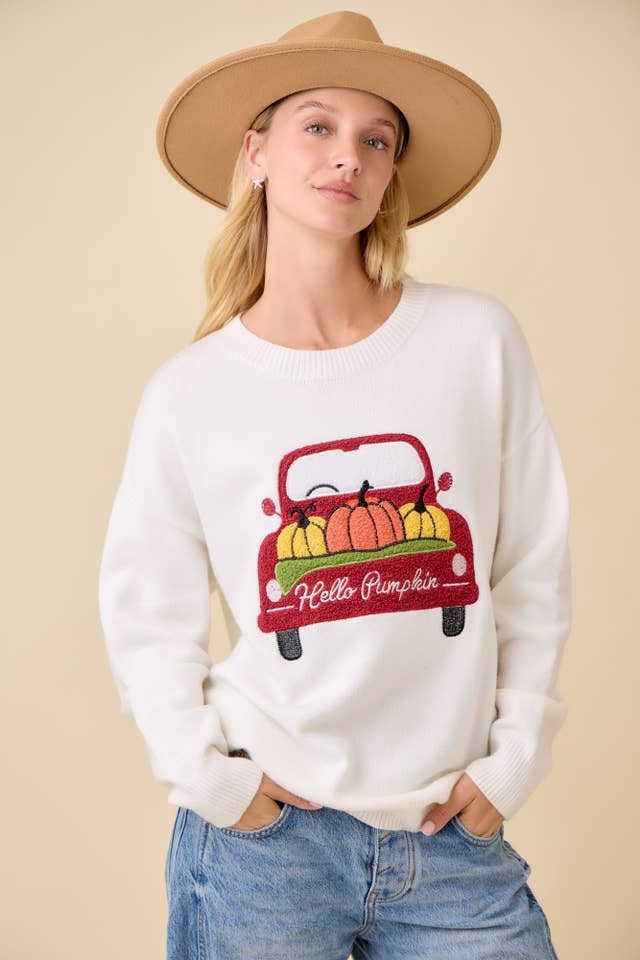 Textured Pumpkin Patch Truck Embroidered Patchwork Sweater - Main Strip - RARA Boutique 