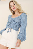 Ruched Polka Dot Crop Top with Balloon Sleeves - RARA Boutique 