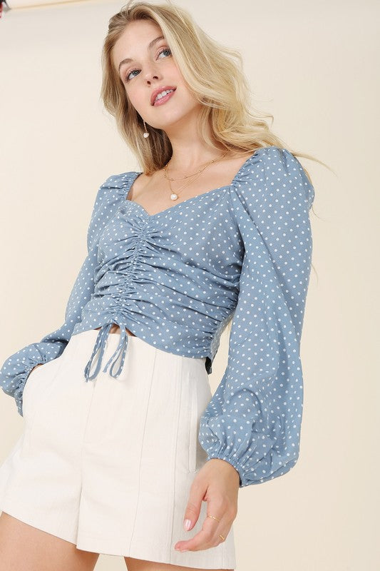 Ruched Polka Dot Crop Top with Balloon Sleeves - RARA Boutique 