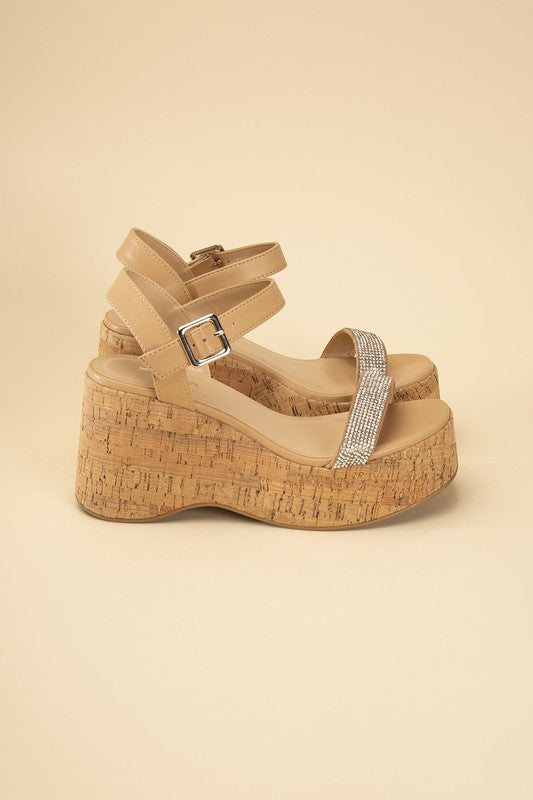 Rhinestone Strap Cork Wedges - RARA Boutique 