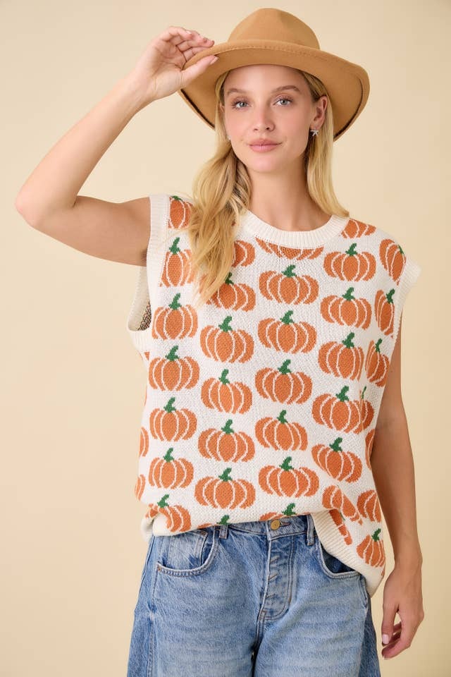 Pumpkin Print Knit Sweater Vest Sleeveless Top - Main Strip - RARA Boutique 